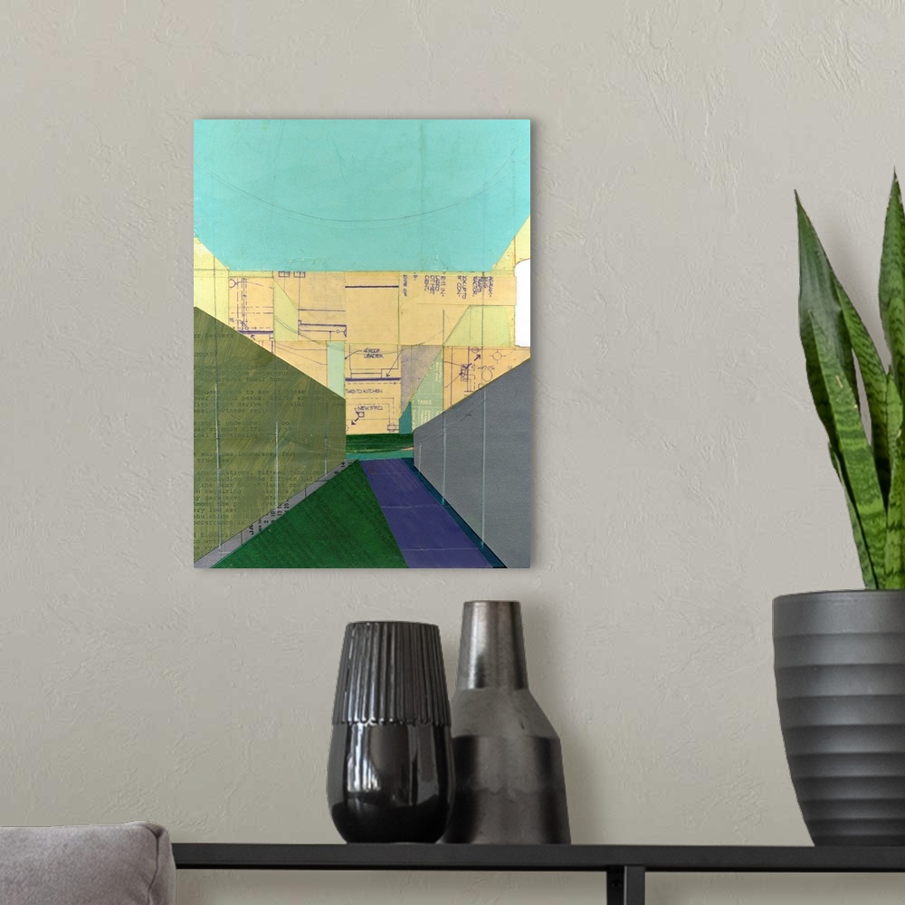 A modern room featuring Abstract cityscape collage using vintage cut paper and oil paint. Colorful blue, green, and yello...