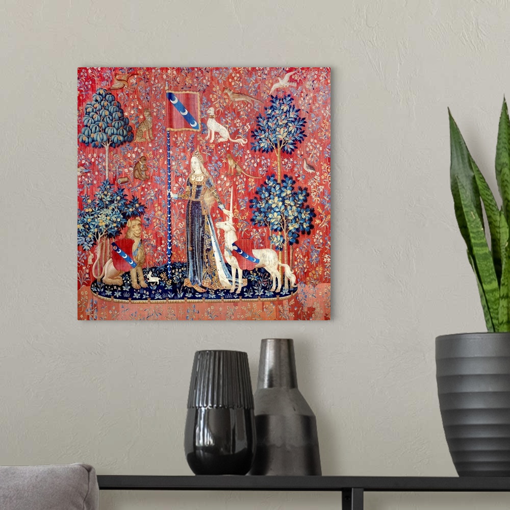 A modern room featuring Allegory of touch (Le Toucher), from the tapestry La Dame a la Licorne (Lady with Unicorn), (37x4...