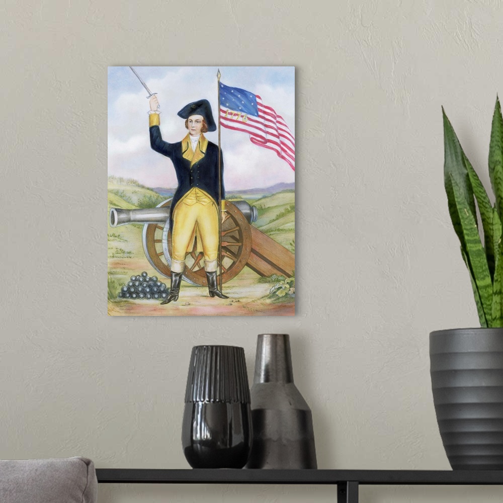 A modern room featuring A Currier and Ives lithograph features an American revolutionary officer or soldier holding up hi...
