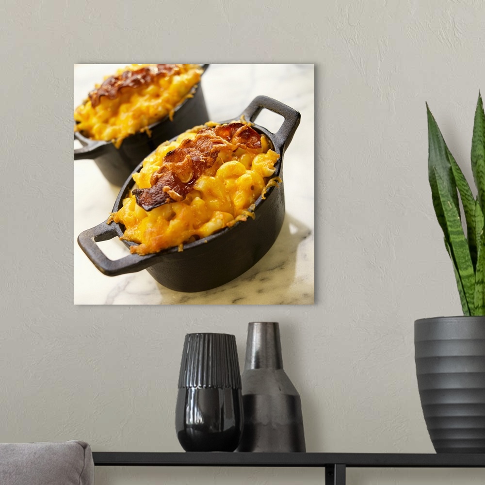 A modern room featuring Macaroni and cheese with bacon in casserole, close-up