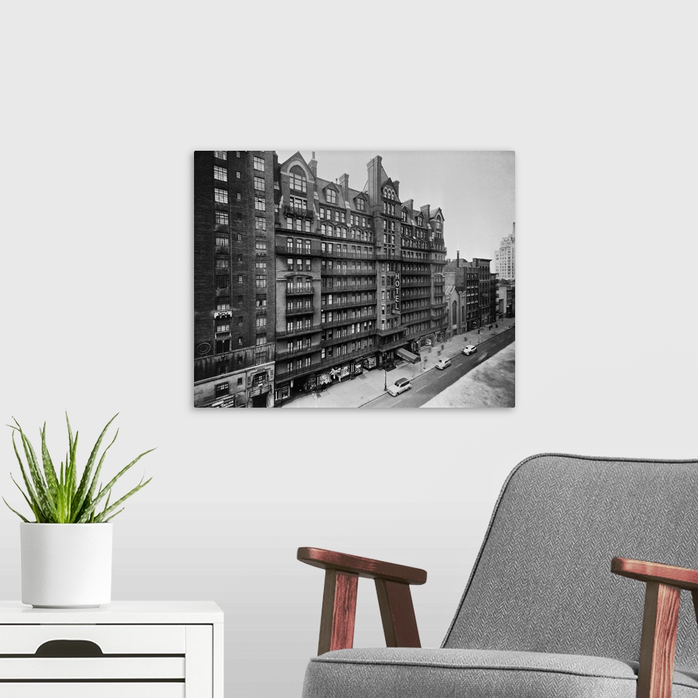A modern room featuring The Chelsea Hotel is shown here at 222 West 23rd Street. This is an undated photograph.