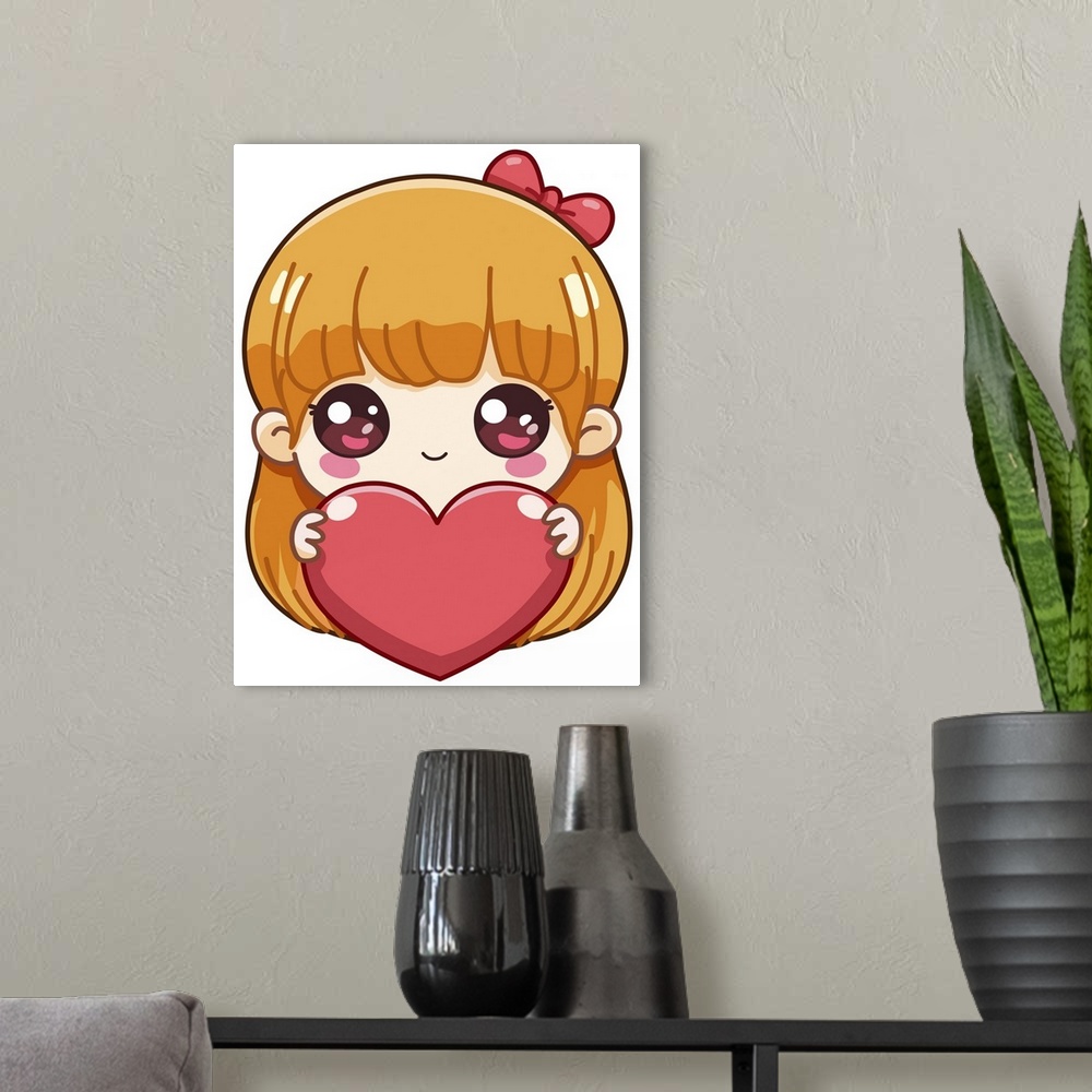 A modern room featuring Cute little girl holding a big heart in a chibi style.