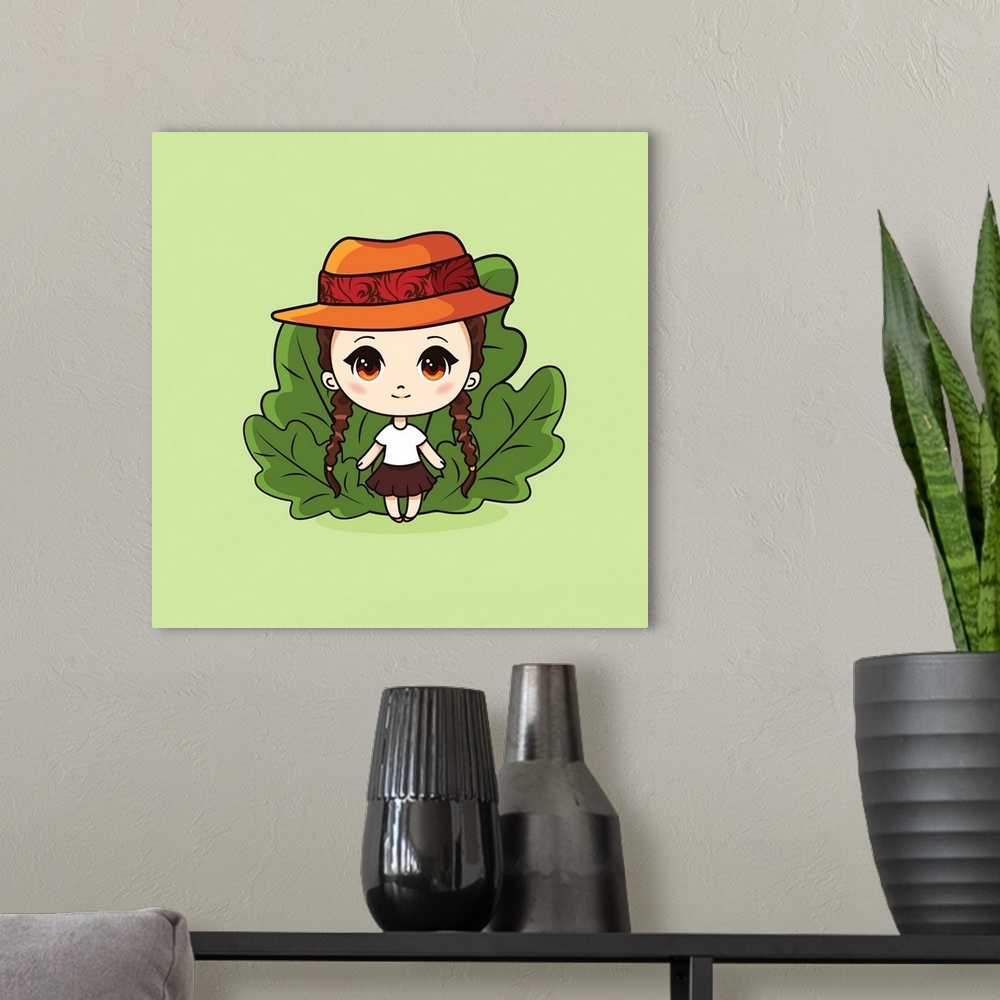 A modern room featuring Cute and kawaii girl in hat. Happy manga chibi girl with leaves. Originally a vector illustration.