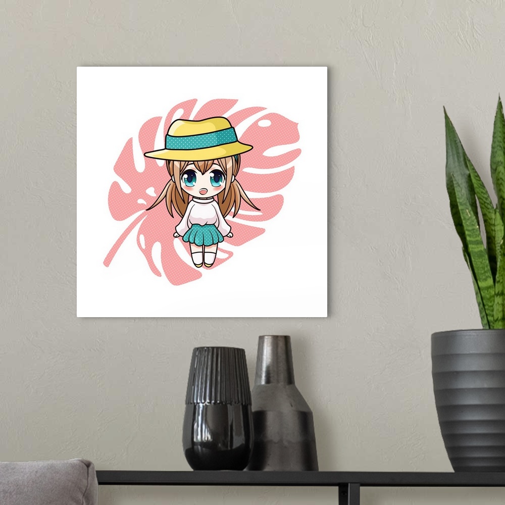 A modern room featuring Cute and kawaii girl in hat. Happy manga chibi girl with monstera leaf. Originally a vector illus...