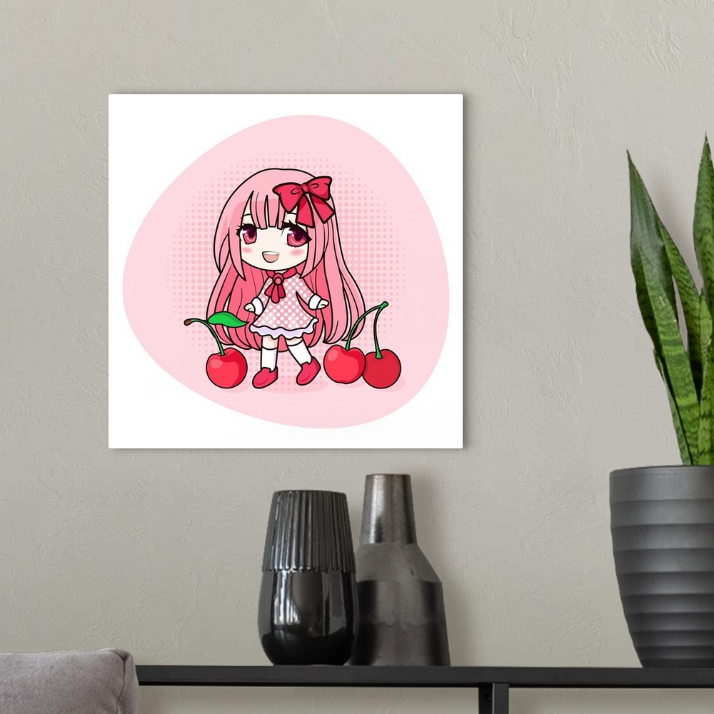 A modern room featuring Cute and kawaii girl with pink hair. Happy manga chibi girl with cherries. Originally a vector il...