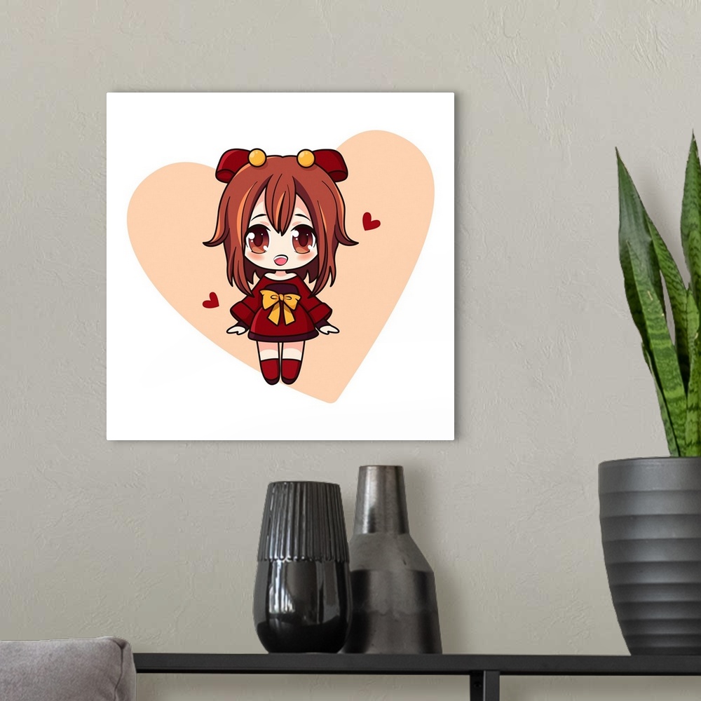 A modern room featuring Cute and kawaii girl in dress with hearts. Happy manga chibi girl with red hearts. Originally a v...