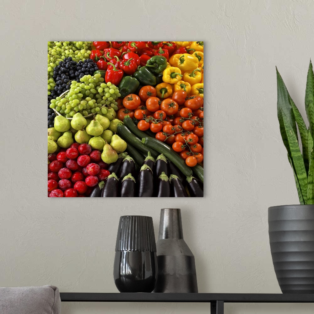 A modern room featuring Close up of vegetable and fruits