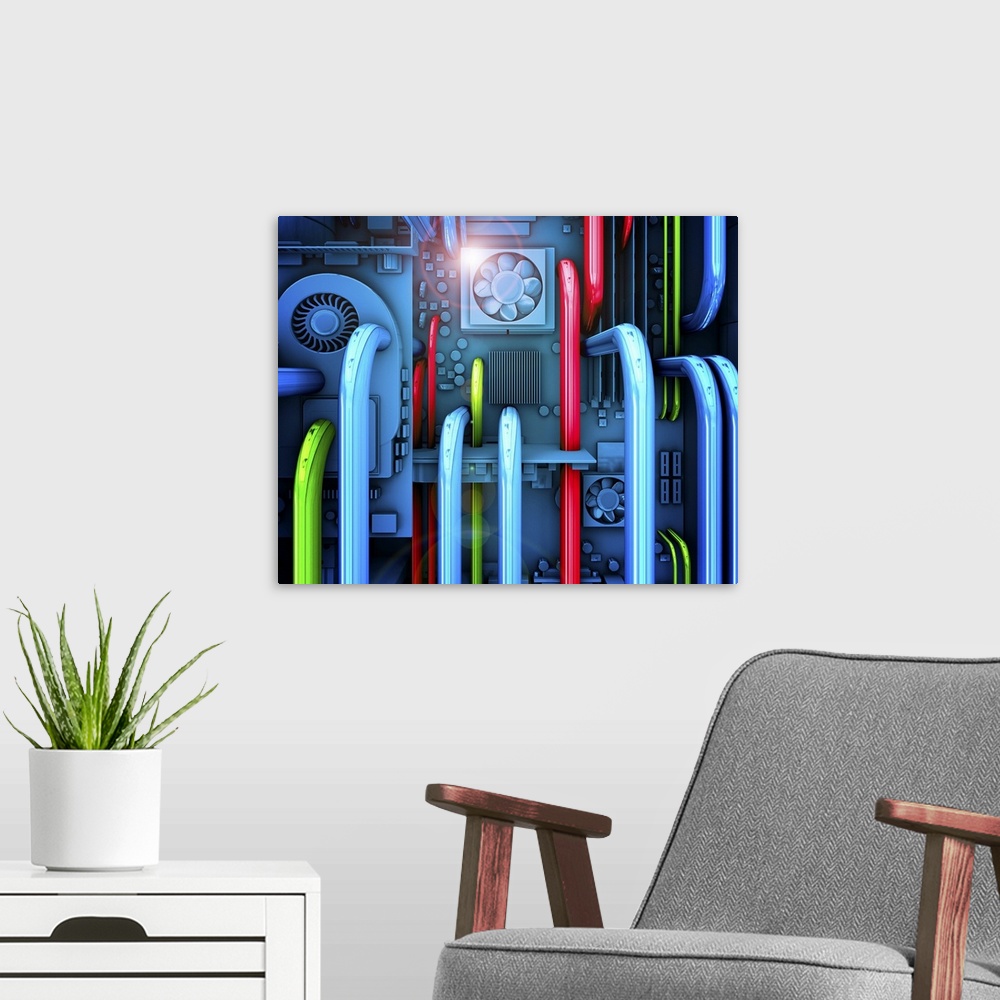 A modern room featuring Fantasy or futuristic computer or PC interior containing multicolored overlapping cooling pipes a...