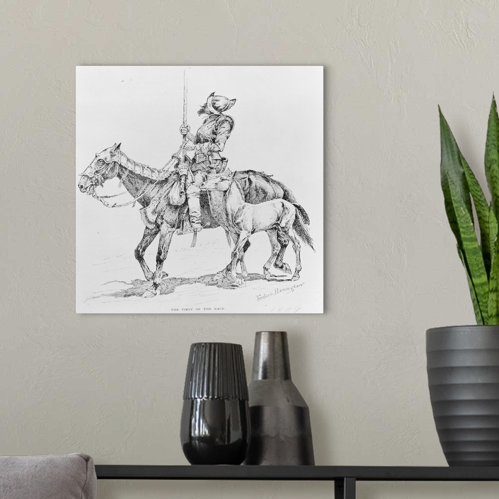 A modern room featuring A Conquistador. Drawing by Frederick Remington.