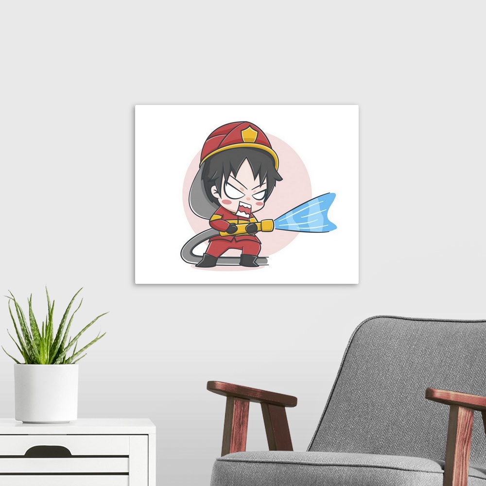 A modern room featuring Cute fireman watering the fire. Cartoon illustration.