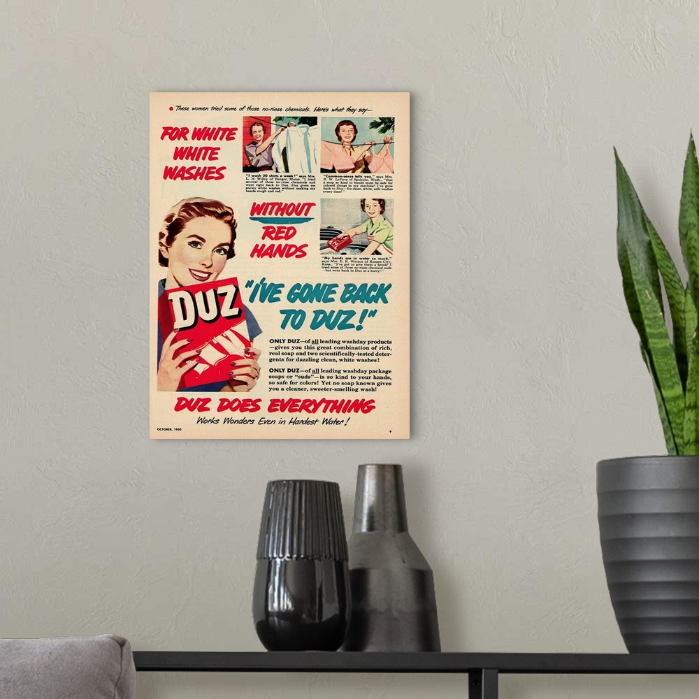 A modern room featuring 11/1950-Advertisement for laundry detergent, DUZ. October 1950 Illustration.