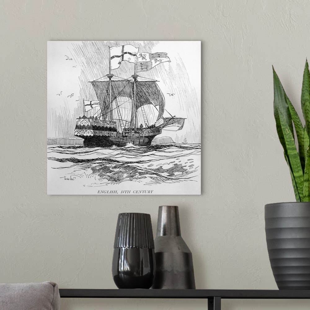 A modern room featuring English Sailing Ship, 14th Century Drawing