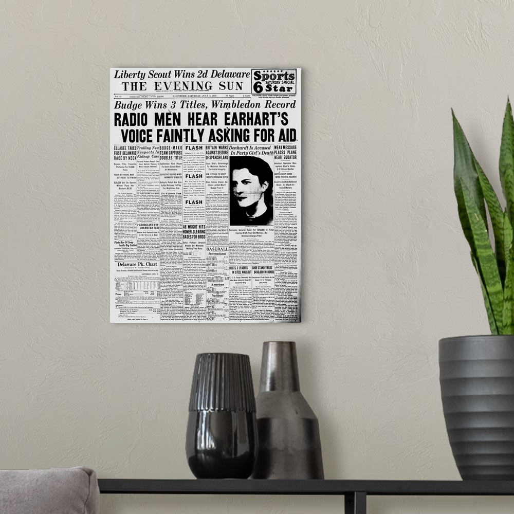 Front Page of Newspaper Reporting on Amelia Earhart Disappearance | Large Metal Wall Art Print | Great Big Canvas