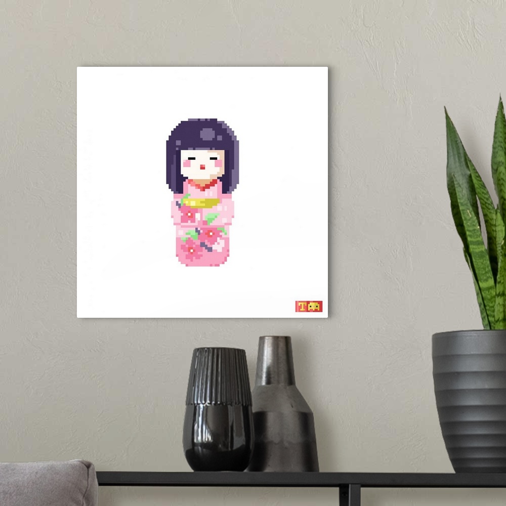 A modern room featuring Japanese Kokeshi Doll Pixel Art