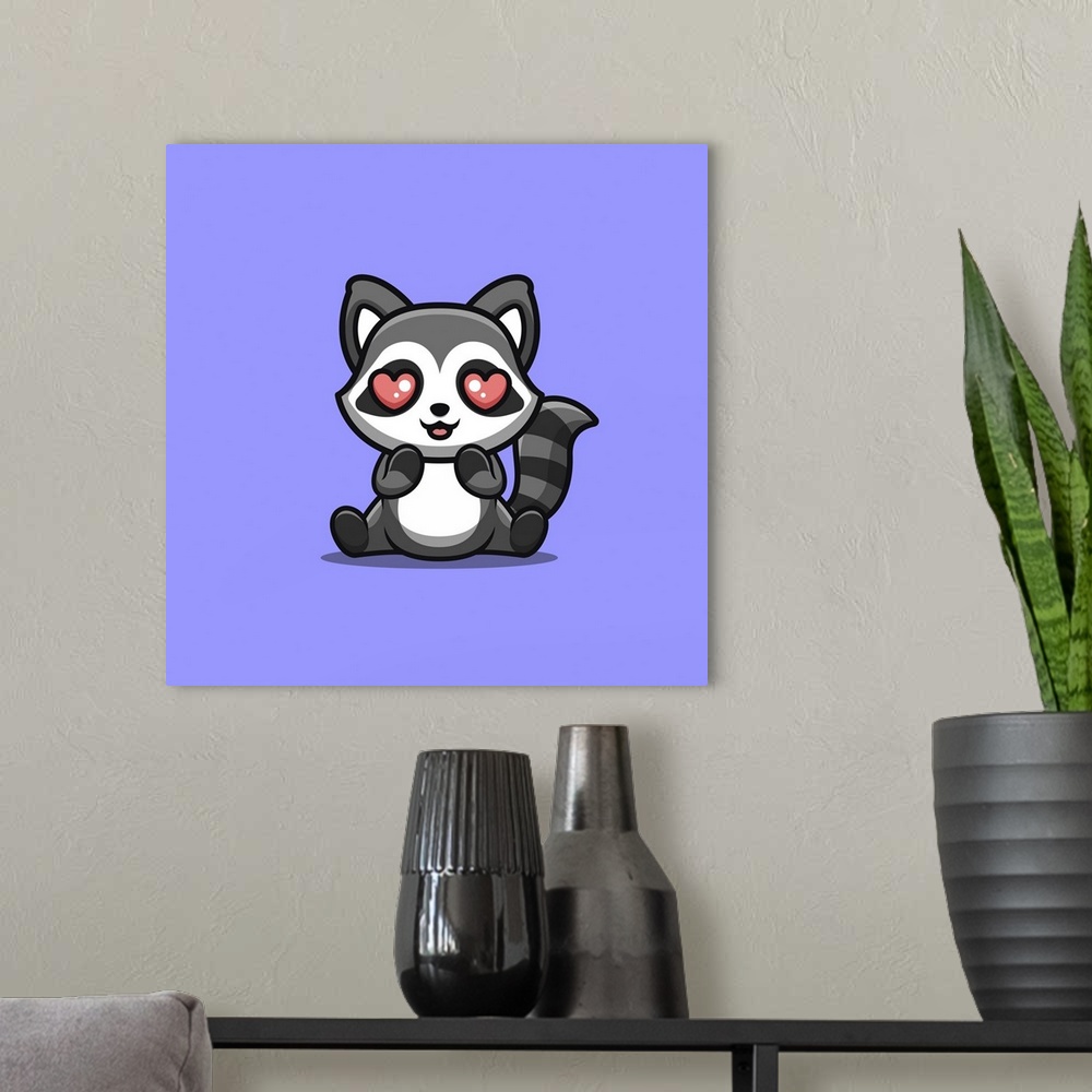 A modern room featuring Raccoon sitting shocked. Cute, creative kawaii cartoon mascot.