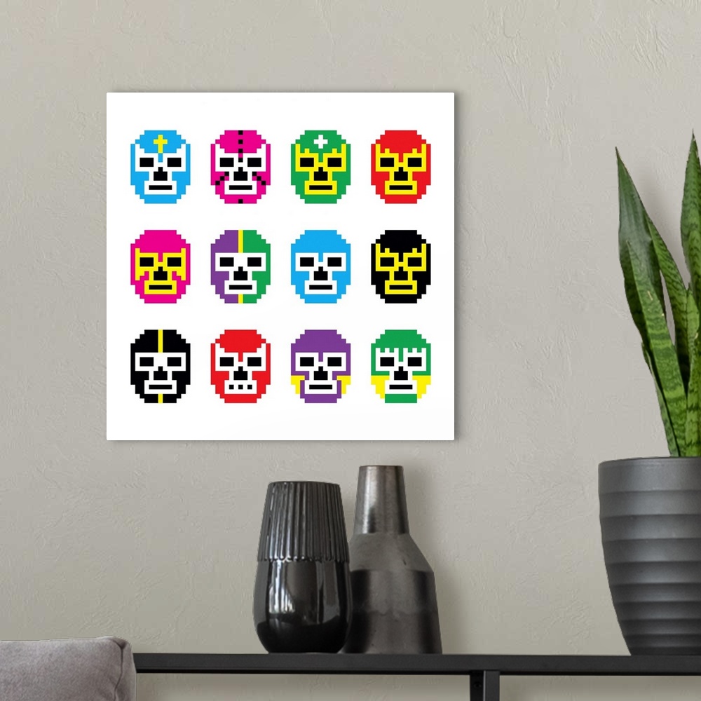 A modern room featuring Lucha Libre, Luchador Pixelated Masks