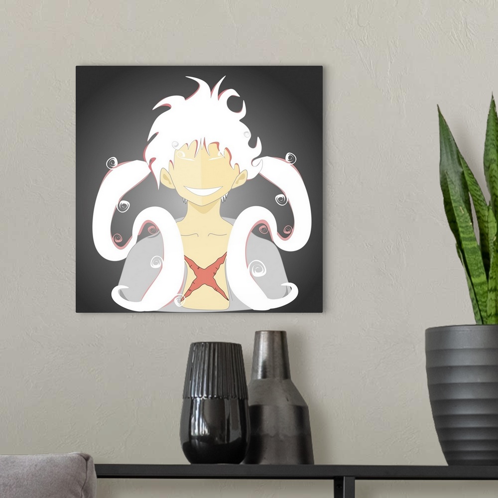 A modern room featuring Fan art of characters from anime.