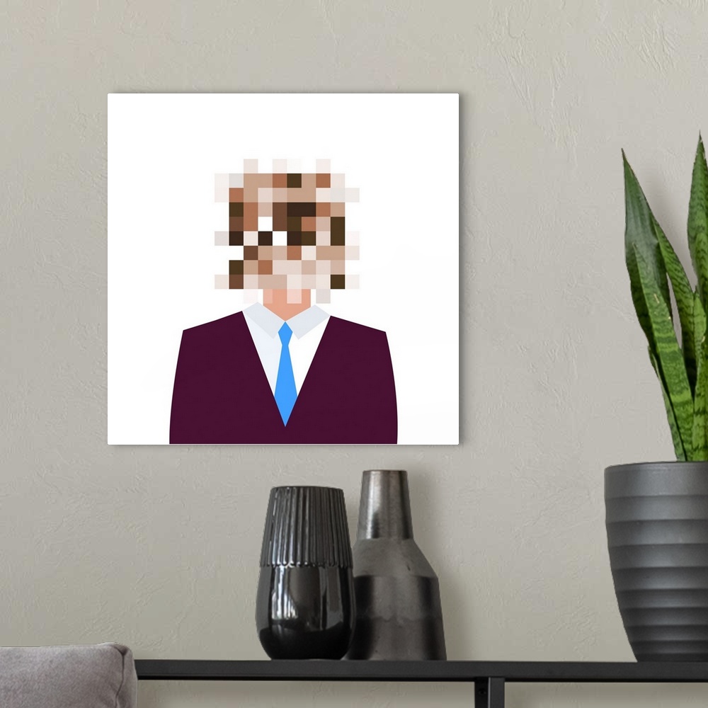 A modern room featuring Man With Censored Head