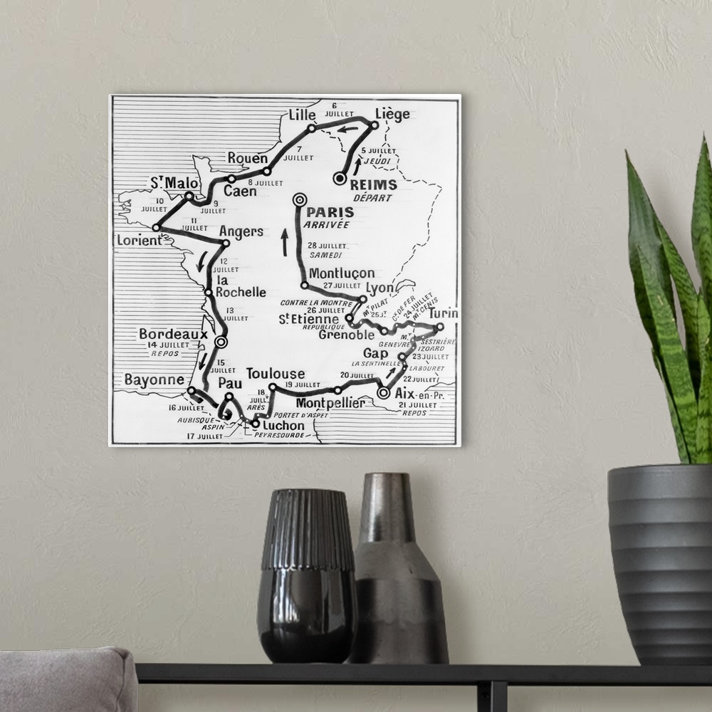 A modern room featuring This map shows the route of the 1956 version of the famed Tour De France bicycle race. The race w...
