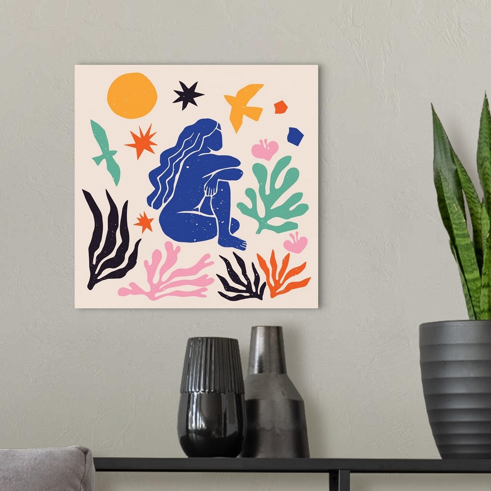 A modern room featuring Matisse-inspired abstract art of the female figure and organic shapes in a trendy, minimalist style.