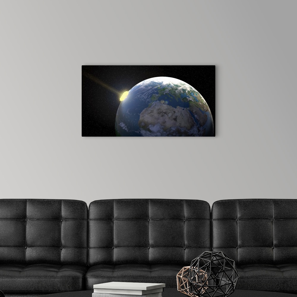 A modern room featuring Meteor impacting Earth, computer artwork.