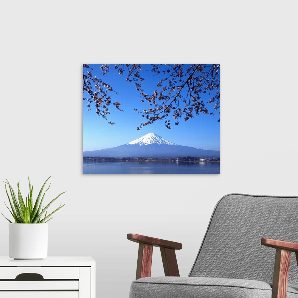 A modern room featuring Cherry blossom with Mount Fuji and Lake Kawaguchi in background, Fuji-Hakone-Izu National Park, J...