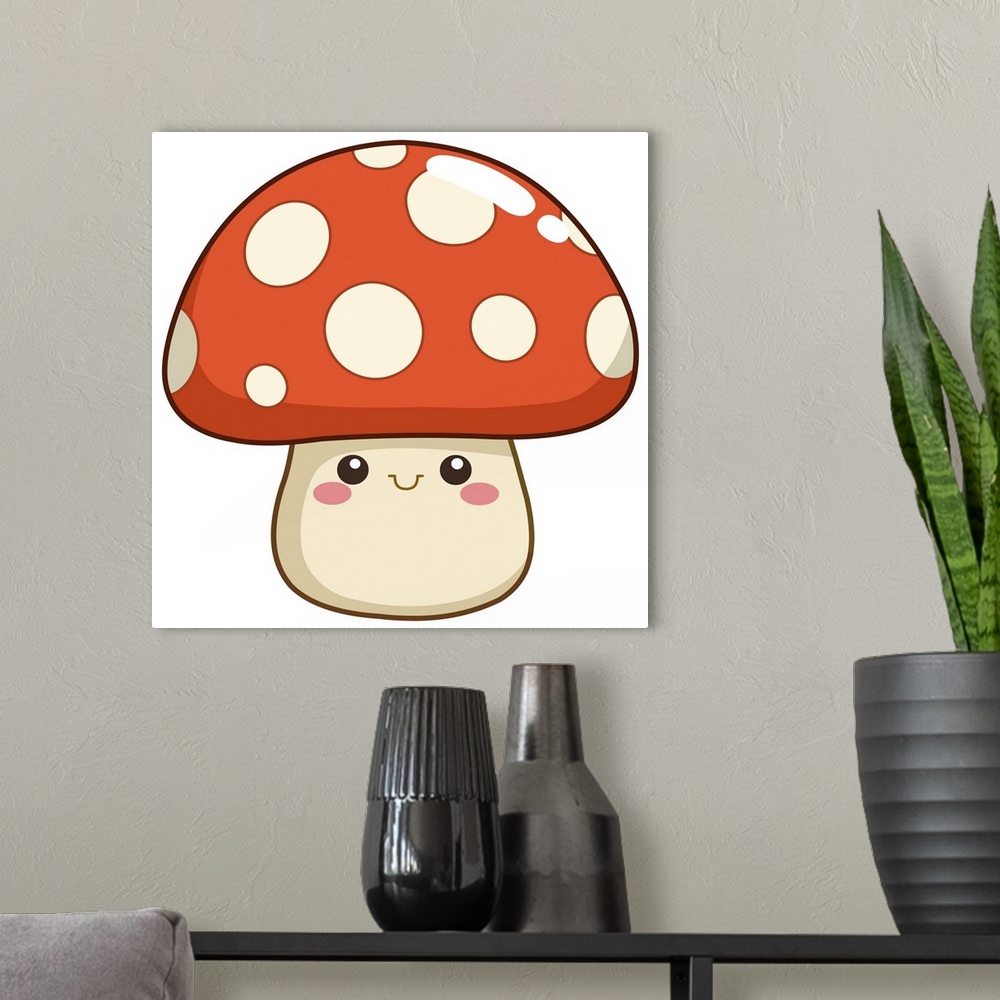 A modern room featuring Smiling mushroom character in a kawaii style.