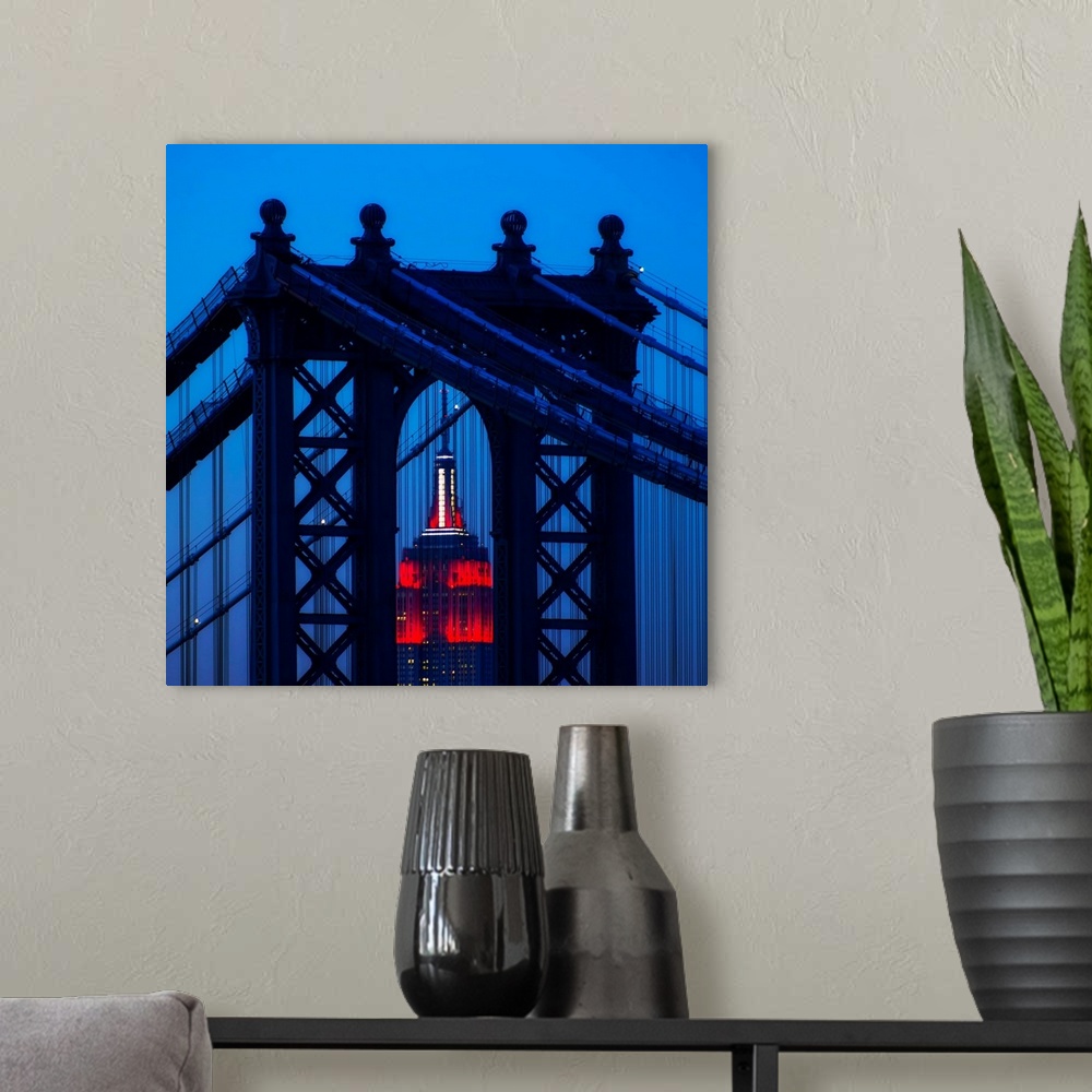 A modern room featuring USA, New York, New York City, Manhattan, Williamsburg Bridge in front of Empire State Building at...