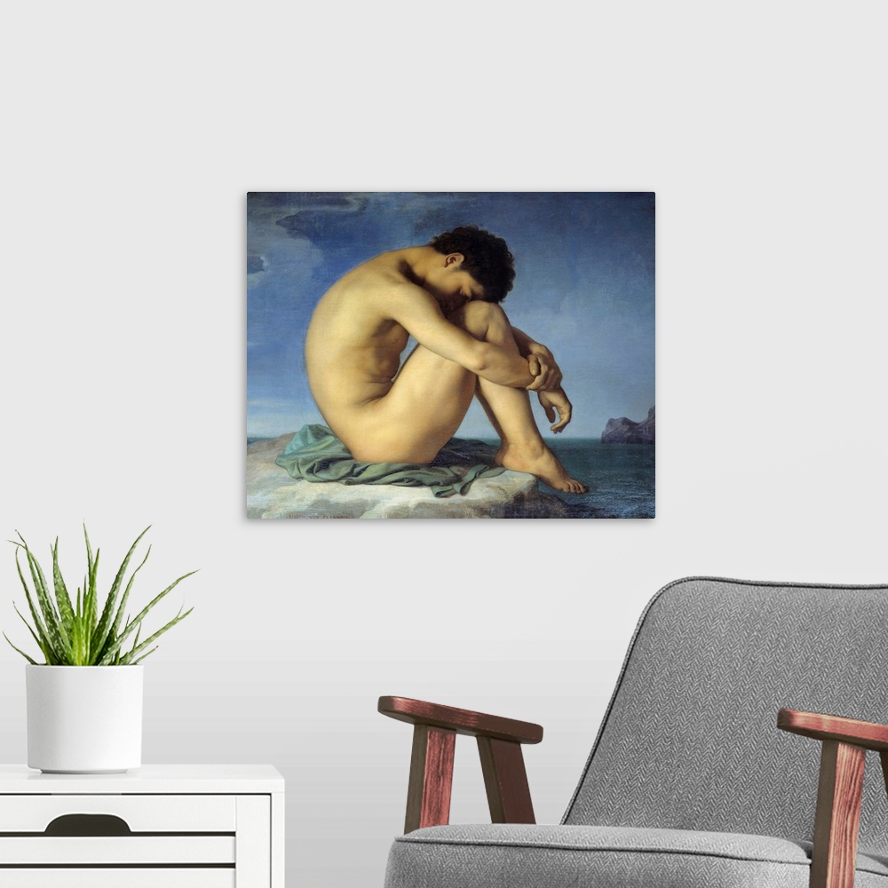 A modern room featuring Young naked man sitting on the edge of the sea. Thinker in a in a fetal, slumber position of prot...