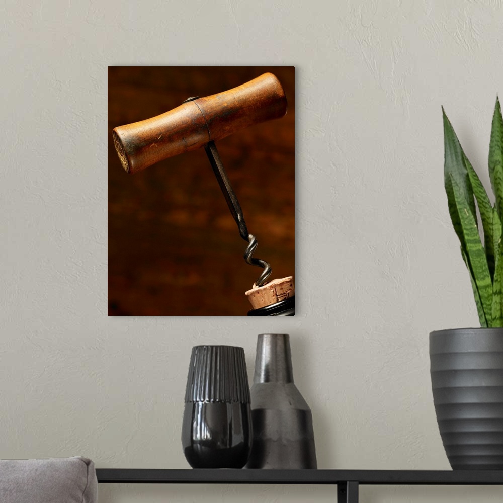 A modern room featuring Old-Fashioned Corkscrew Uncorking Bottle