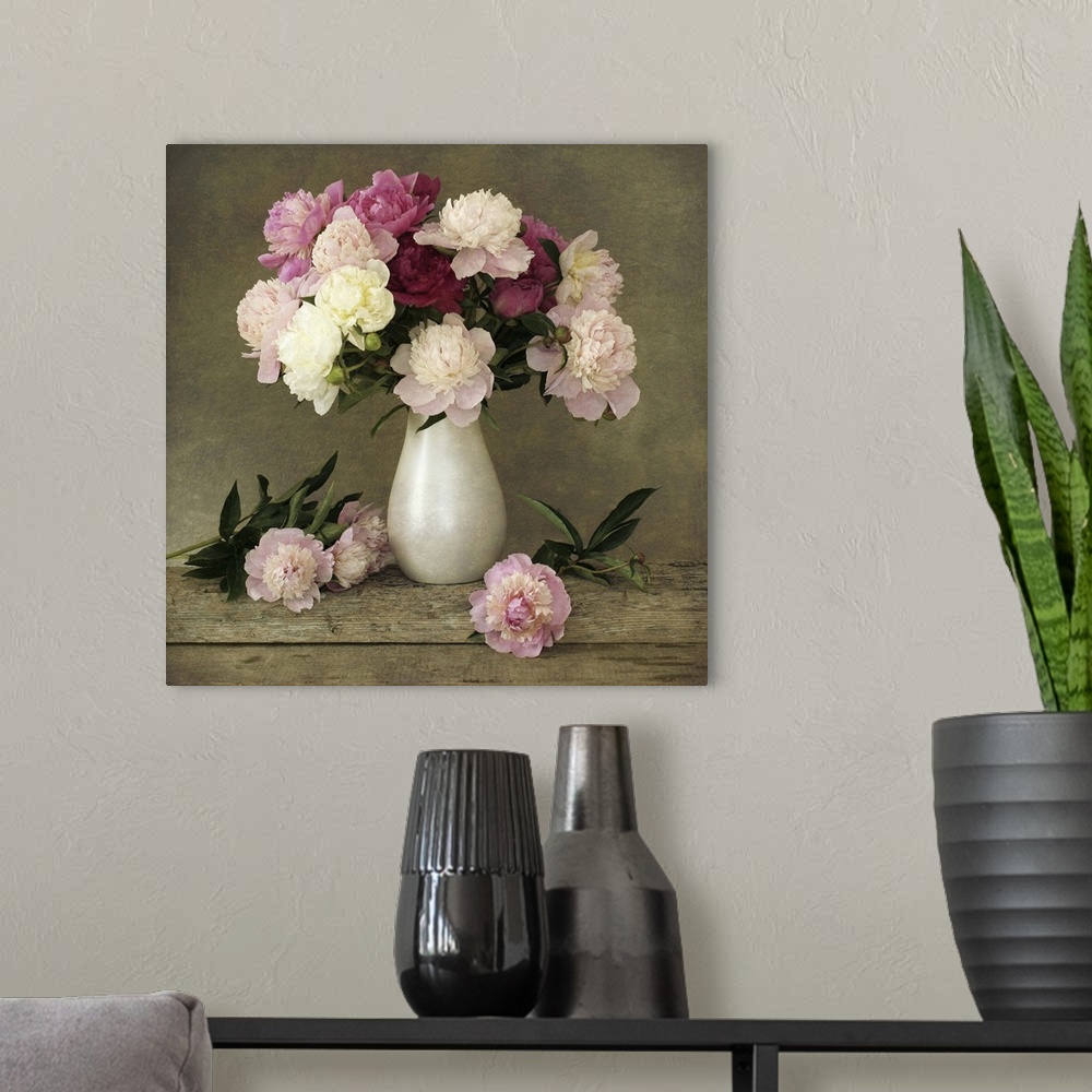 A modern room featuring Peonies in white matte vase with added texture.