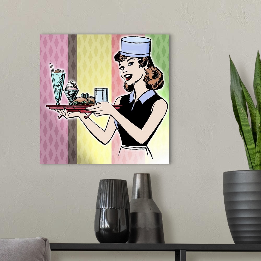 A modern room featuring Portrait of 1950s waitress