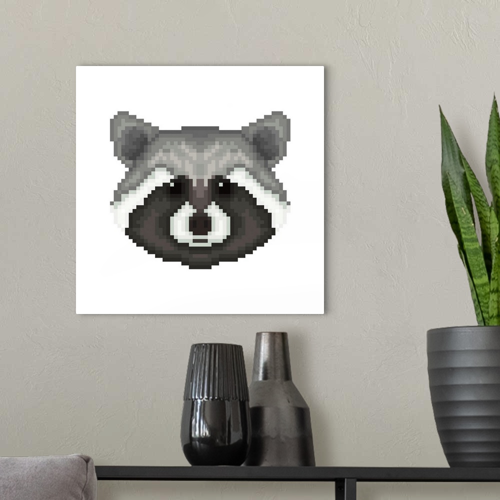 A modern room featuring Raccoon Head In Pixel Art Style