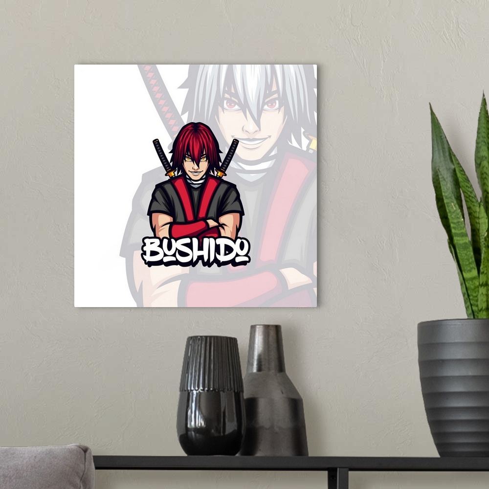 A modern room featuring Red haired bushido. Ronin samurai mascot illustration.
