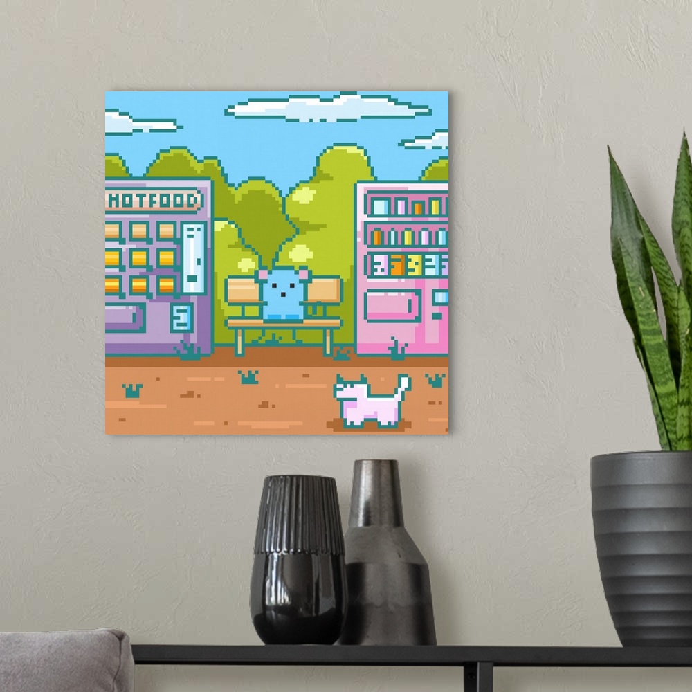 A modern room featuring Retro Mouse On Park Bench With Dog Pixel Art