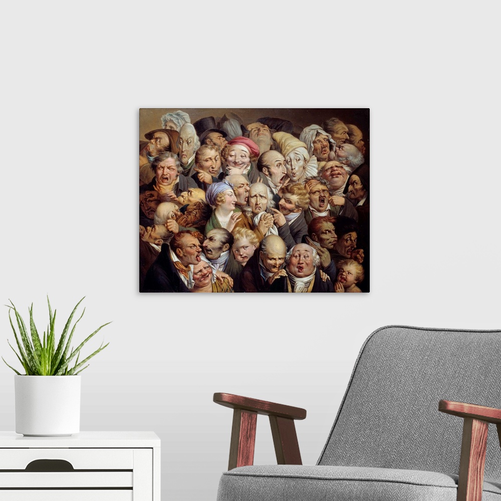 A modern room featuring Reunion of 35 facial expressions. Caricature: studies of ridiculous facial expressions. Painting ...