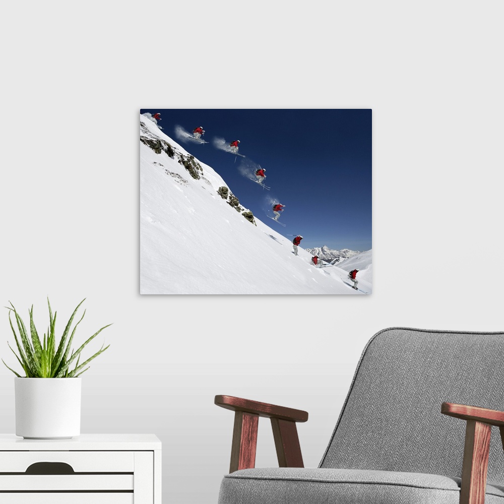 A modern room featuring Sequence of male skier jumping down steep slope