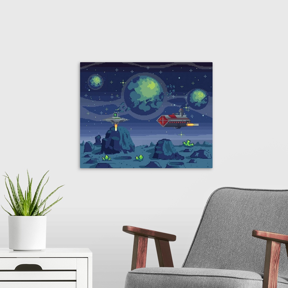A modern room featuring Spaceships During War In Space, Pixel Art