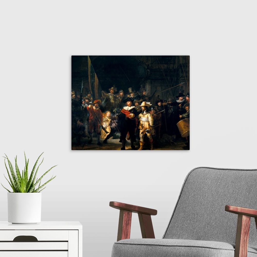 A modern room featuring The Company of Frans Banning Cocq and Willem van Ruytenburch, also known as The Night Watch or Ni...