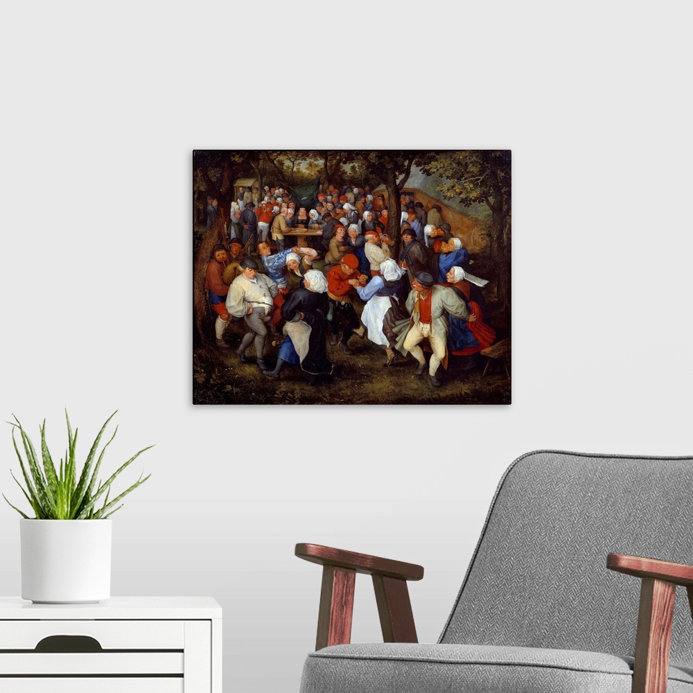 A modern room featuring The Feast of the Rosiere or Farmers Wedding. Painting by Jan Brueghel I called Velvet (1568-1625)...