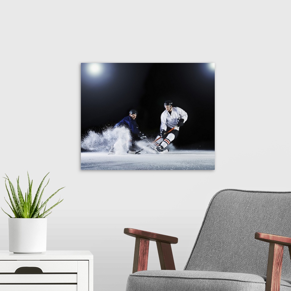A modern room featuring Stadium, cold, ice, ice hockey stick, light flare, skates, sports clothing, protective clothing, ...