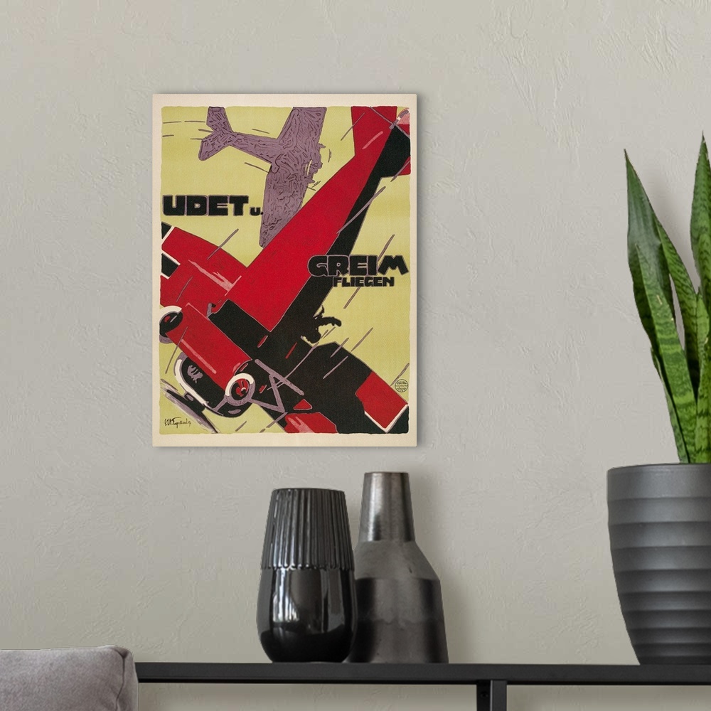 A modern room featuring Udet and Greim Air Show Aviation Poster.