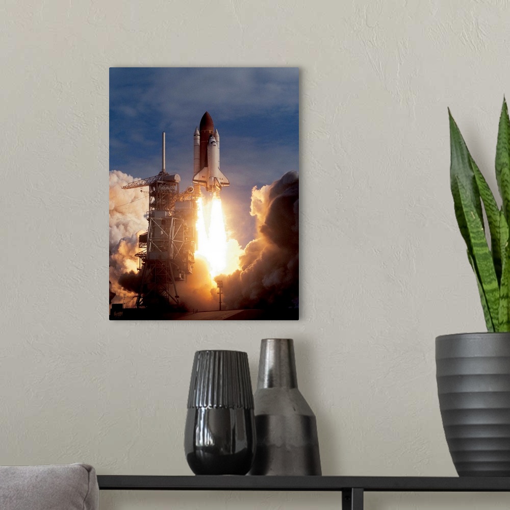 A modern room featuring View of a spacecraft taking off from earth
