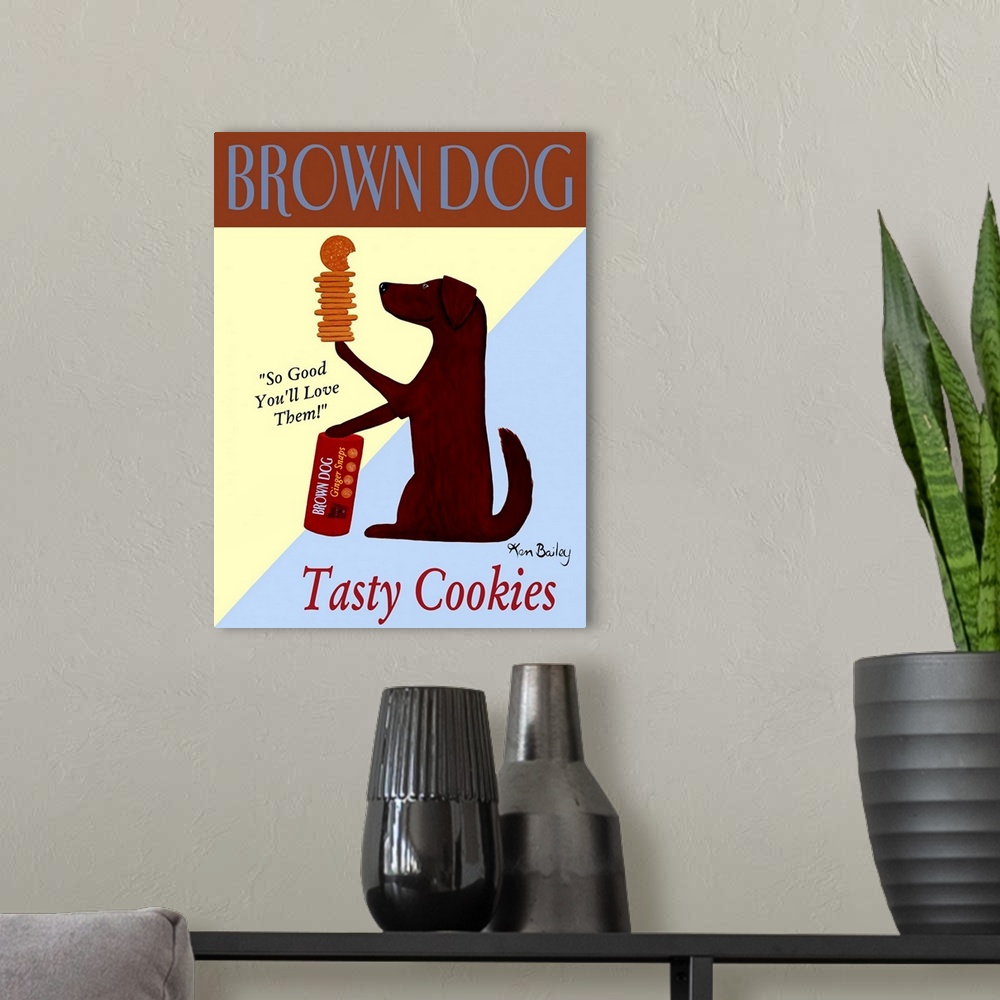A modern room featuring Portrait artwork on a large wall hanging of an advertisement for Brown Dog Tasty Cookies.  A brow...