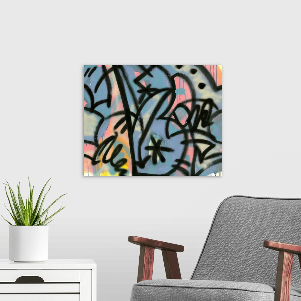 A modern room featuring Close up of graffiti in pastel colors contrasted with bold black outlines.