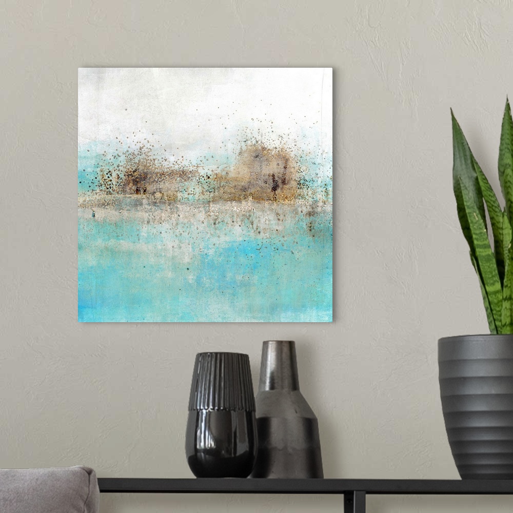 A modern room featuring Square abstract painting with a brown  paint splattered horizon line with light blue and grey hue...