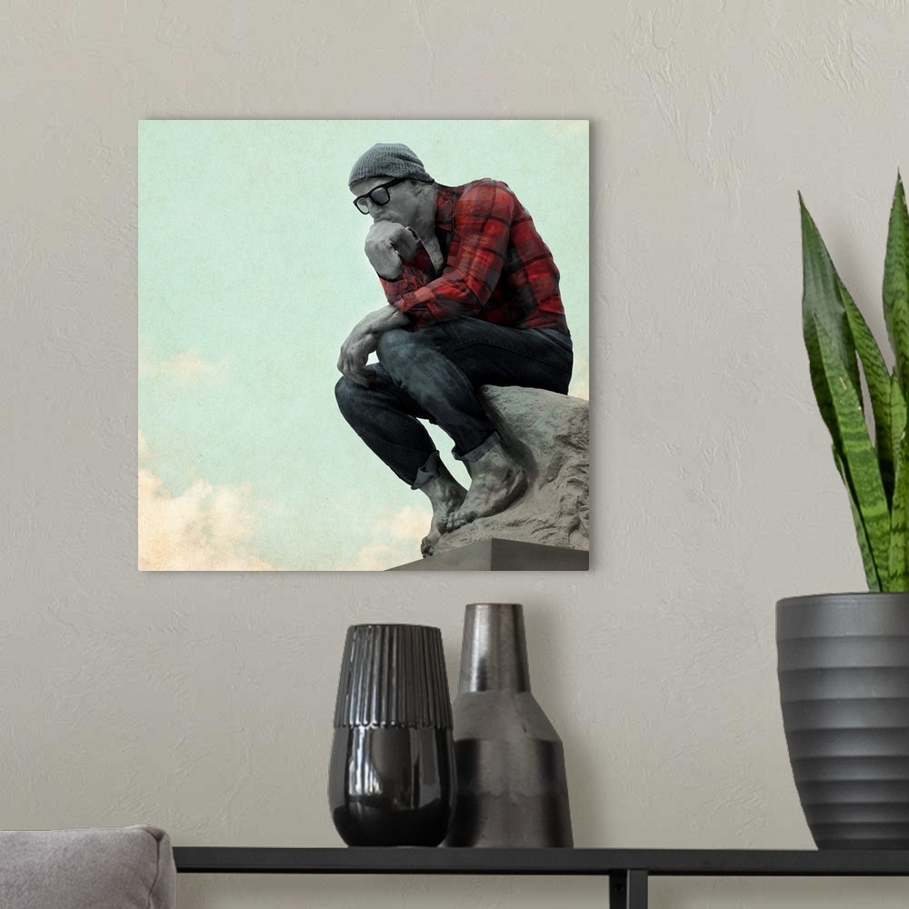 A modern room featuring Humorous illustration of the Thinker statue dressed up like a hipster.