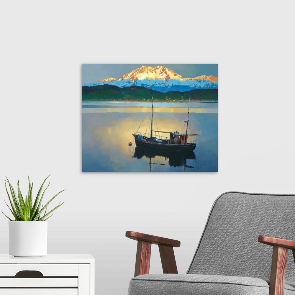 A modern room featuring Contemporary painting of a fishing boat on a calm lake with a large mountain in the distance.