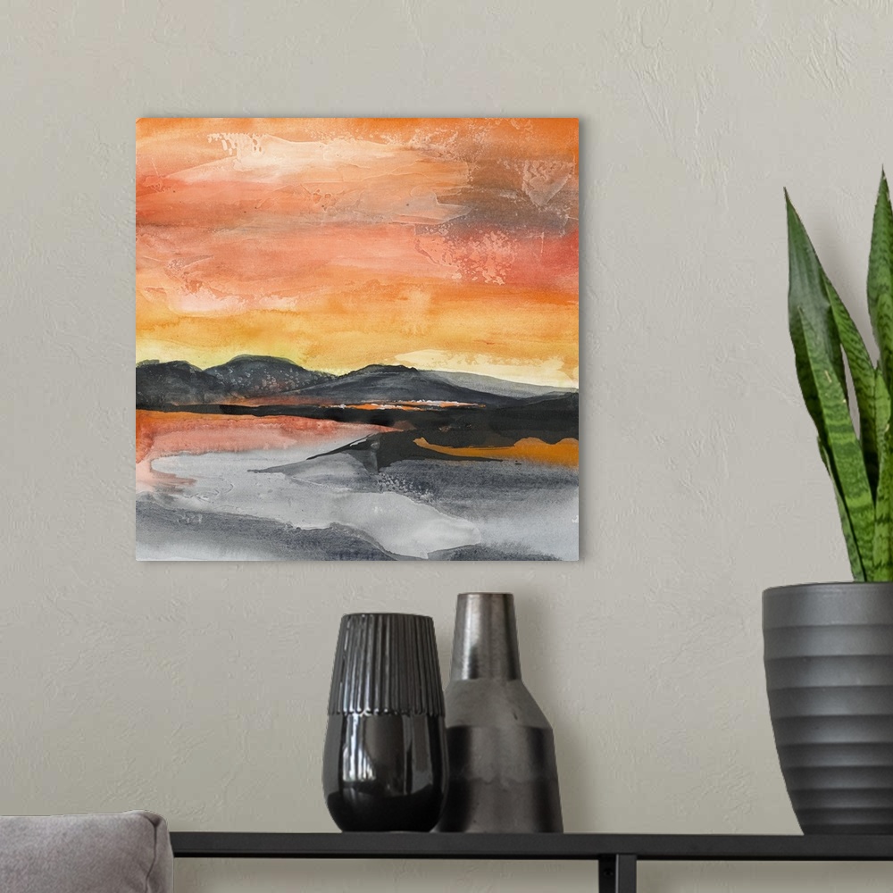 A modern room featuring Square abstract painting of a mountainous landscape in New Mexico with a fiery red and orange sky.