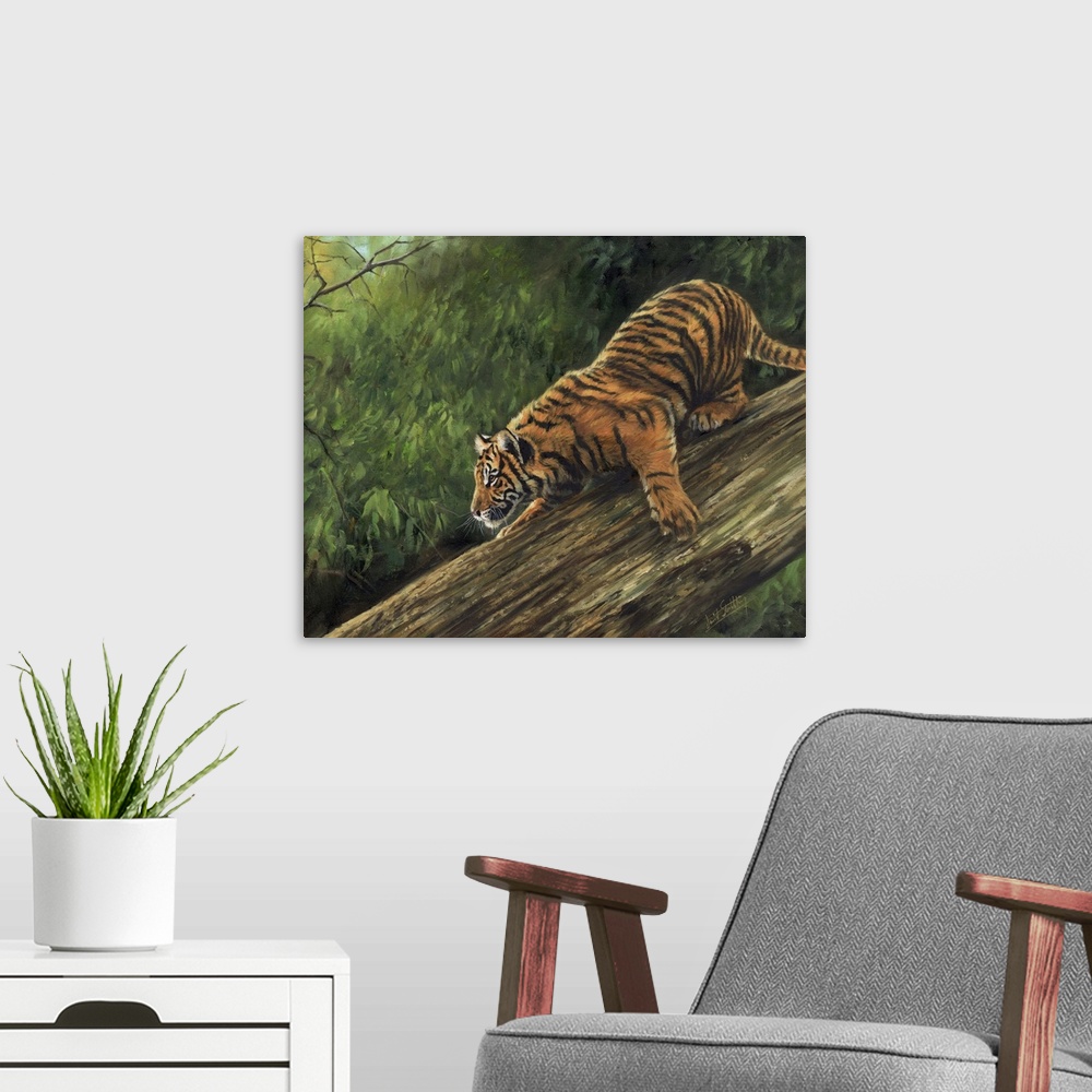 A modern room featuring Originally an oil painting on canvas depicting an Amur Tiger descending a tree trunk.